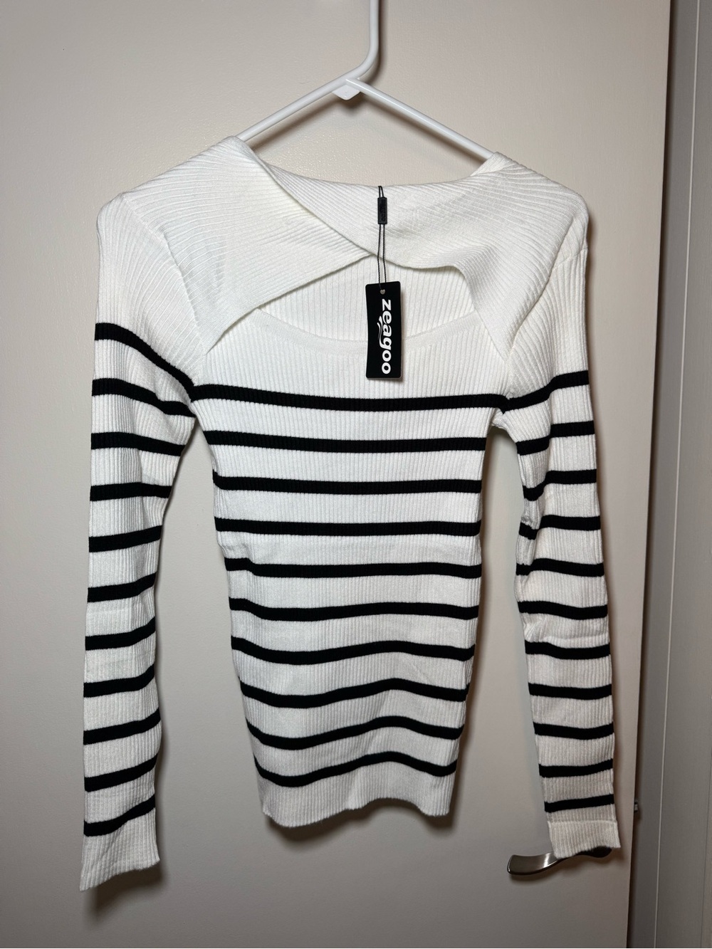 Amazon White and Black Striped Ribbed Knit Sweater